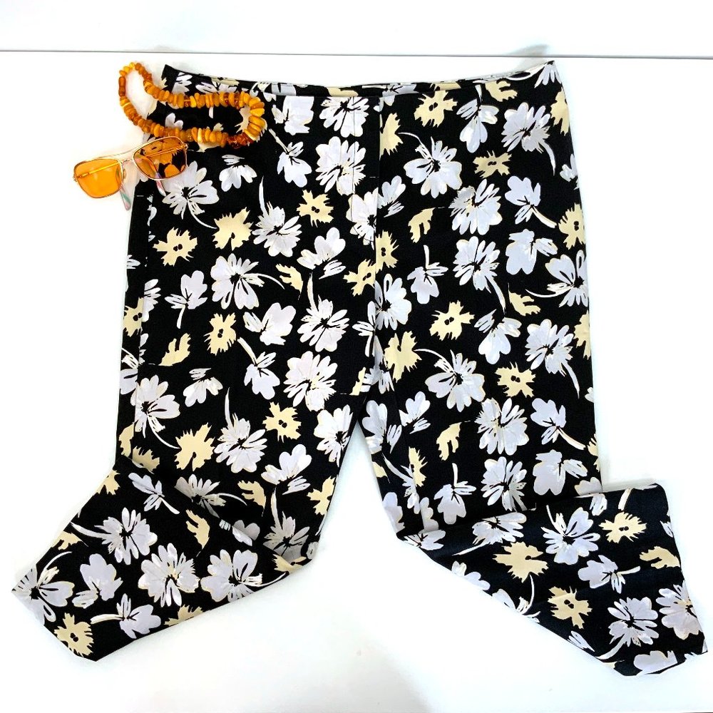 New Saks Fifth Avenue Sport Black Floral Stretch Cotton Cropped Pants Sz 14